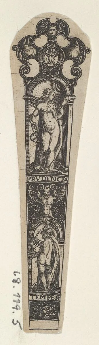 Design for a Knife Handle with Personifications of Prudence and Temperance — Johann Theodor de Bry