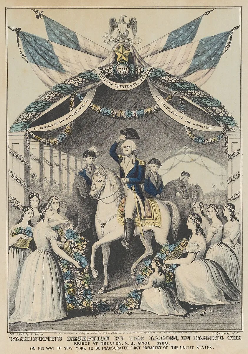 Washington's Reception by the Ladies on Passing the Bridge at Trenton, N.J., April 1789, on His Way to be Inaugurated First President of the United States — Nathaniel Currier|George Washington