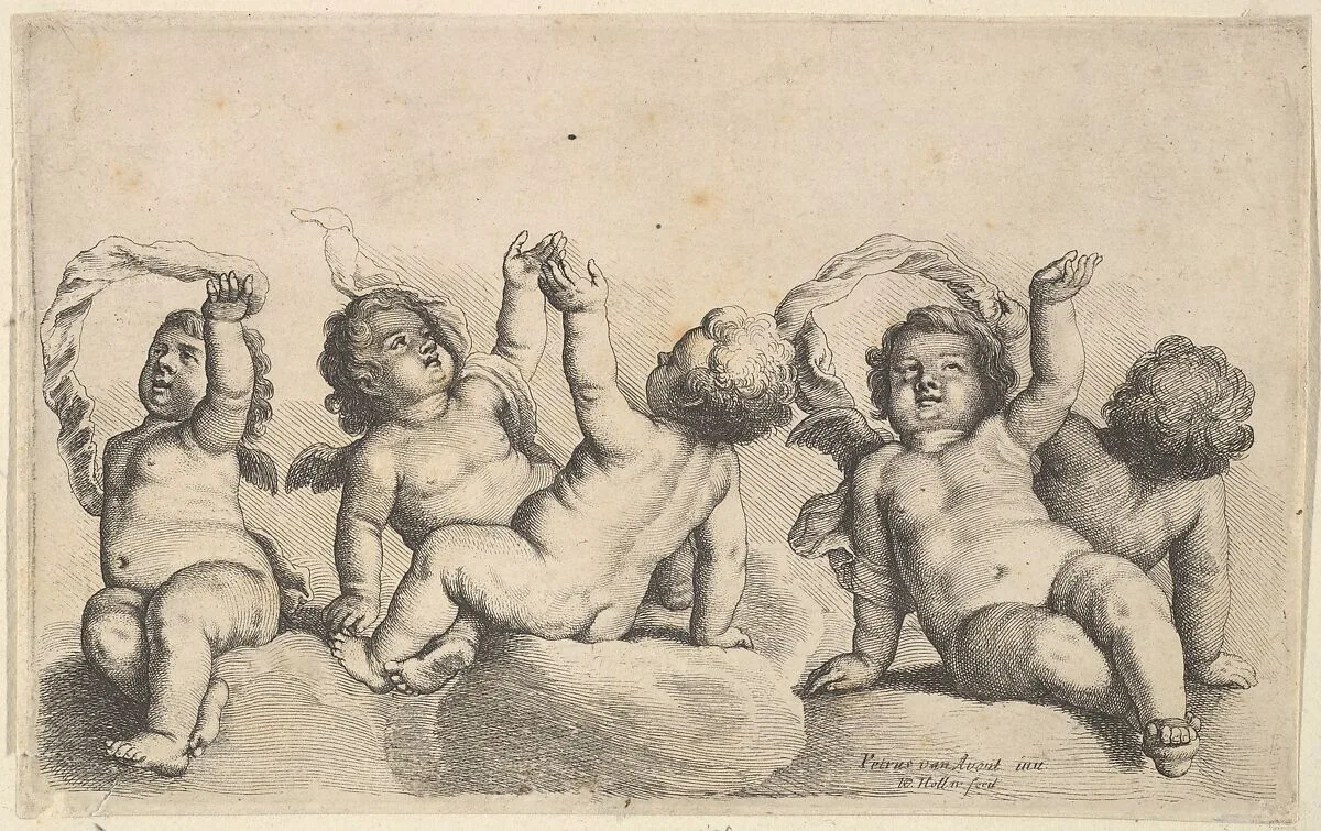 Three cherubs and two boys on clouds, each raising one arm — Wenceslaus Hollar|Pieter van Avont
