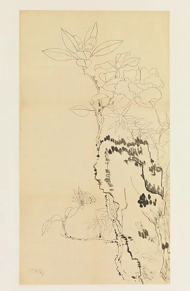 現代 謝稚柳 臨陳洪綬山茶蝶石圖 鏡片|Camellia, Rock, and Butterfly, after Chen Hongshou — Xie Zhiliu