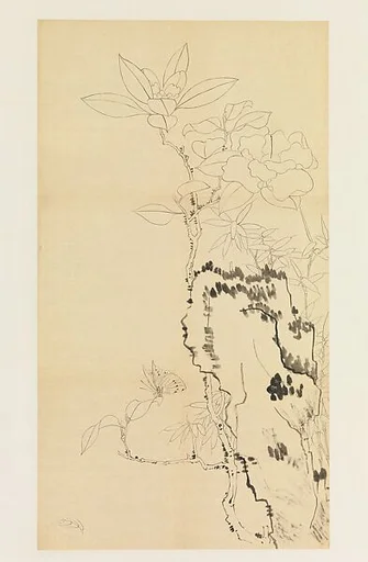 現代 謝稚柳 臨陳洪綬山茶蝶石圖 鏡片|Camellia, Rock, and Butterfly, after Chen Hongshou