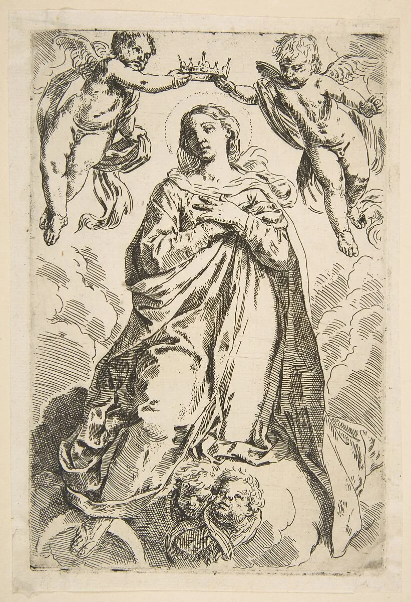 The Virgin being crowned by two angels, copy after Cantarini — Simone Cantarini