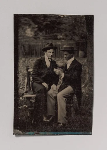 [Two Men Seated on a Bench, One with His Hand on the Leg of the Other]