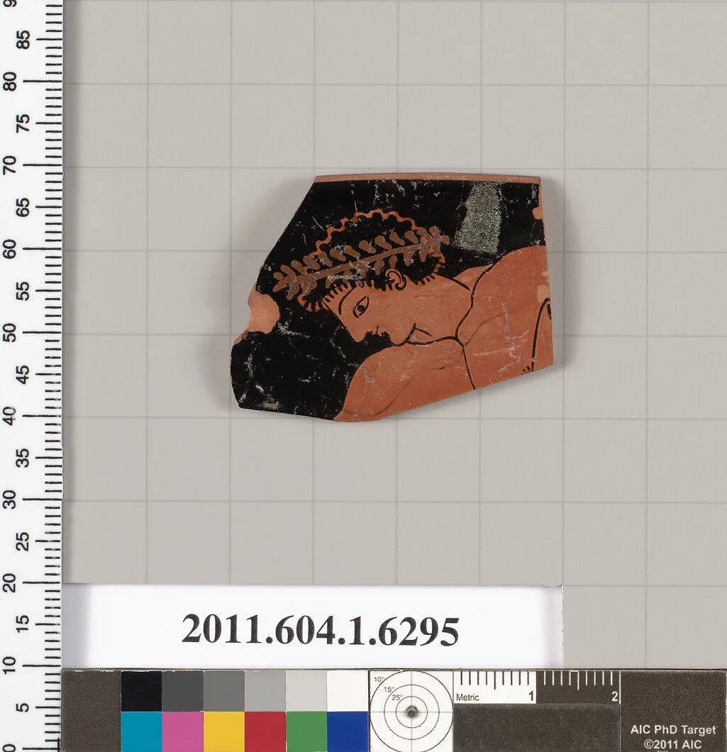 Terracotta rim fragment of a kylix (drinking cup) — Onesimos