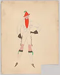 Drawing for a woman's theatrical costume with white jacket and shorts, orange scarf and hat, and brown gloves, for 'At Home Abroad' — Vincente Minnelli