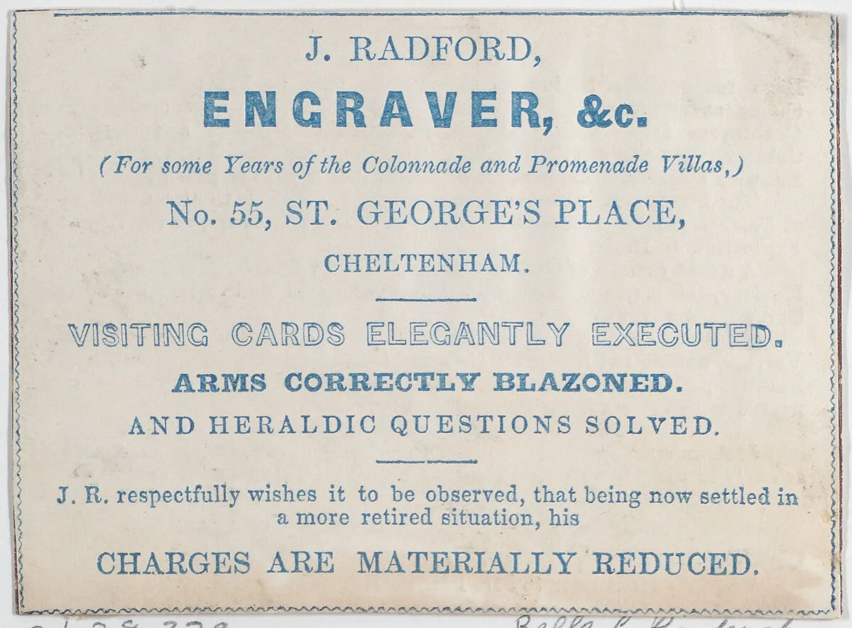 Trade Card for J. Radford, Engraver — Anonymous, British, 19th century