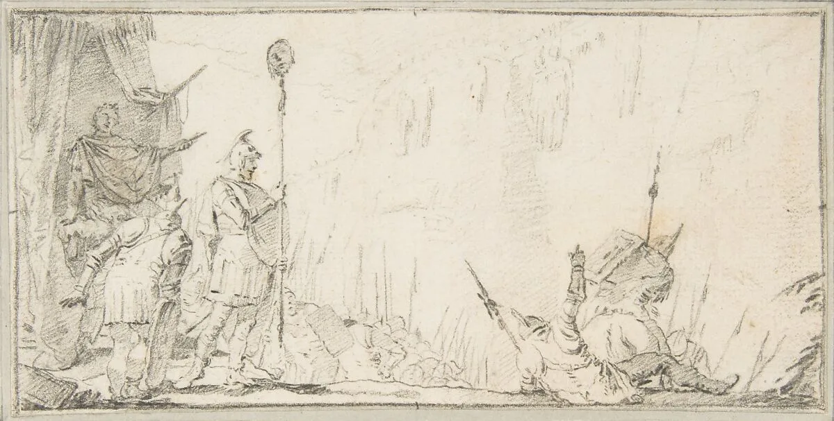 Illustration for a Book: Soldier in front of "General" Holding up a Decapitated Head on a Staff — Giovanni Battista Tiepolo