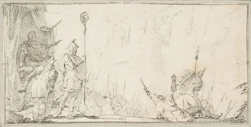 Illustration for a Book: Soldier in front of "General" Holding up a Decapitated Head on a Staff