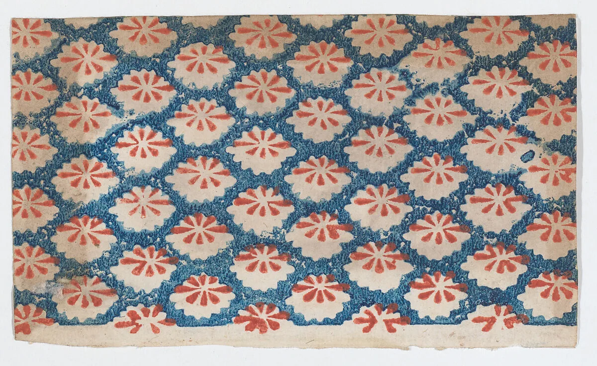 Sheet with overall pattern of ovals with red designs — Anonymous