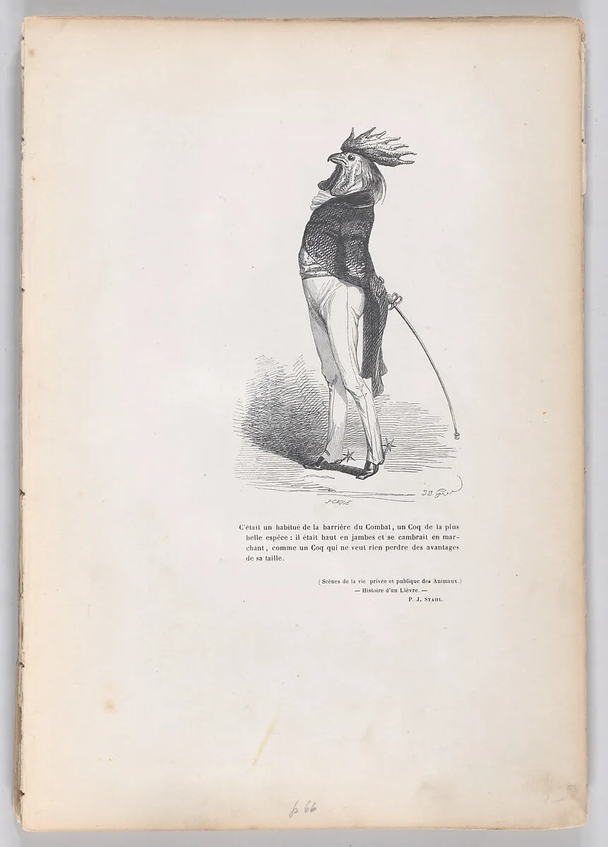 "He was a regular on the front lines..." from Scenes from the Private and Public Life of Animals — J. J. Grandville|Honoré de Balzac|Joseph Hippolyte Jules Caqué