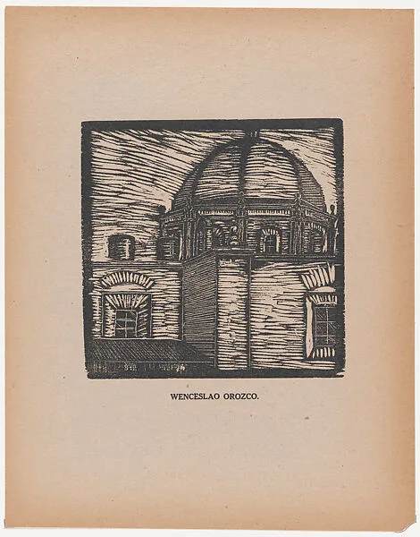 The dome of a church and other buildings, from the portfolio 'Los pequeños grabadores en madera, alumnos de la Escuela Preparatoria de Jalisco' (Guadalajara, Mexico 1925). — Wenceslao Orozco