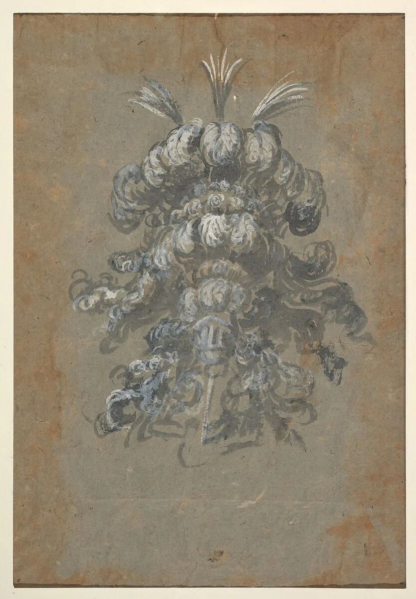 Design for a Lavish Headdress with Feathers on a Helmet (frontal view) — Baccio del Bianco
