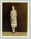 8 x 10 inch black and white photograph of model wearing dress made from Stehli Silks Americana Print collection.