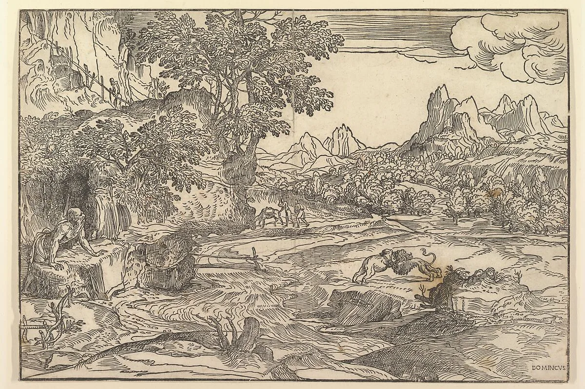 Landscape with Saint Jerome at left looking towards lion and bear fighting at center; two figures with mule in the background — Domenico Campagnola