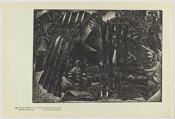 Plate 12: many guns with bayonets, allegory relating to the tyranny and despotism of the regime of President Porforio Diaz and their oppression of indigenous Mexicans, from the portfolio 'Estampas de la revolución Mexicana' (prints of the Mexican Revolution) — Everardo Ramírez|Taller de Gráfica Popular