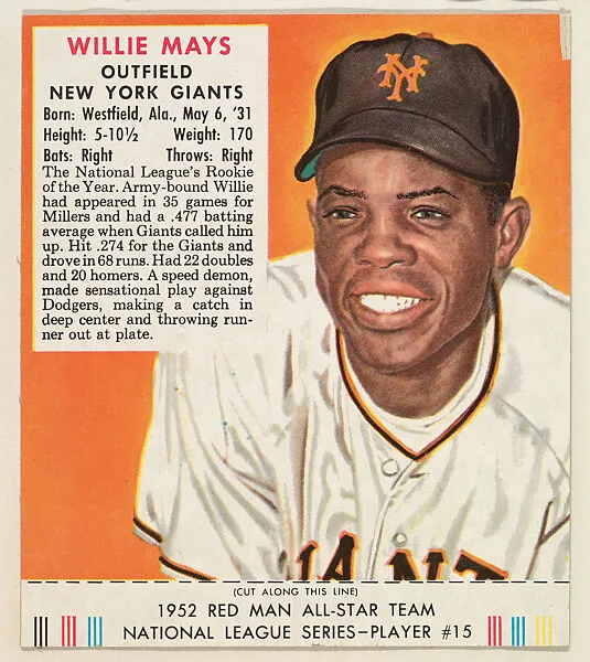 Willie Mays, from the Red Man All-Star Team series (T232), issued by Red Man Chewing Tobacco — Red Man Chewing Tobacco