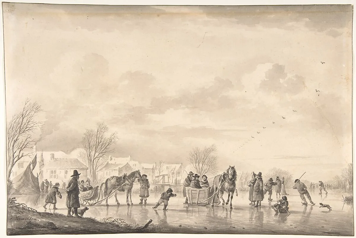 Winter Landscape with Skaters and Horse-Drawn Sledges on the Ice, a Village Below — Andries Vermeulen