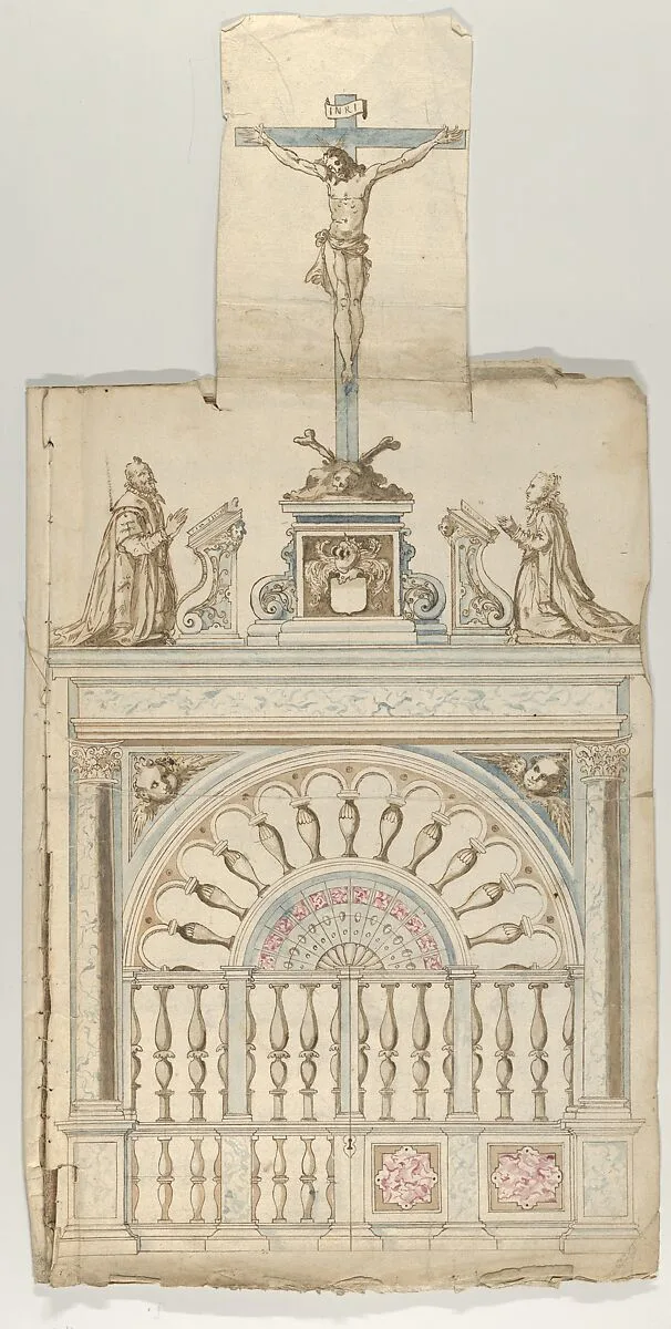 Design for a Choir Screen with Donor Statues flanking a Crucifix — Anonymous, Flemish