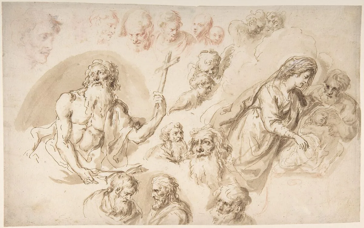 Study for a Nativity, Bearded Male Saint, and Head Studies (recto); Two Head Studies (verso) — Giovanni Larciani ("Master of the Kress Landscapes")|Bartholomaeus Ignaz Weiss