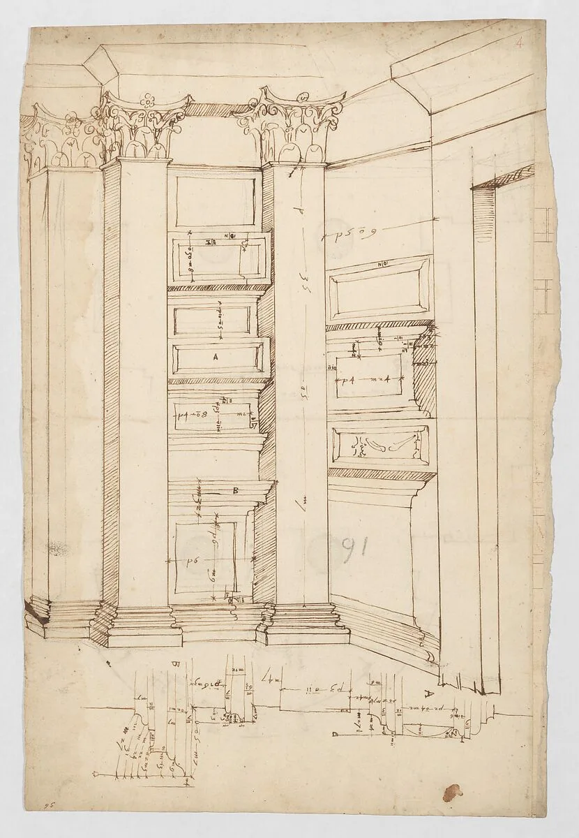 Pantheon, vestibule, perspective; panel moulding, profiles (recto) Pantheon, rectangular niche, plan; half round niche, plan (verso) — Anonymous, French, 16th century