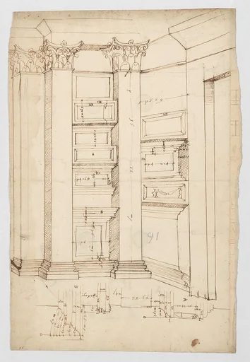 Pantheon, vestibule, perspective; panel moulding, profiles (recto) Pantheon, rectangular niche, plan; half round niche, plan (verso)