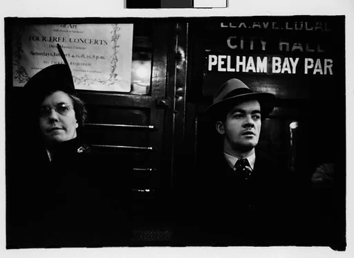 [Five 35mm Film Frames: Subway Passengers, New York City: Woman, Man Beneath "Lex Ave Local" Sign, Mother and Daughter Beneath Symphony Poster, Older Woman in Hat and Fur Collar]