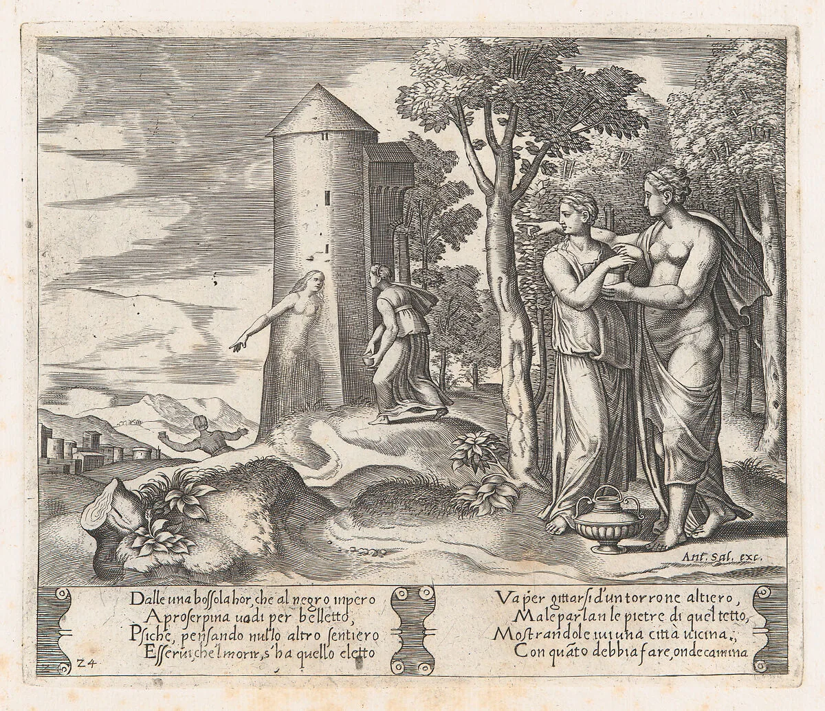 Plate 24: Venus and Psyche standing at right, pointing to the underworld at center, into which Psyche enters, from "The Story of Cupid and Psyche as told by Apuleius" — Antonio Salamanca|Master of the Die|Michiel Coxie (I)