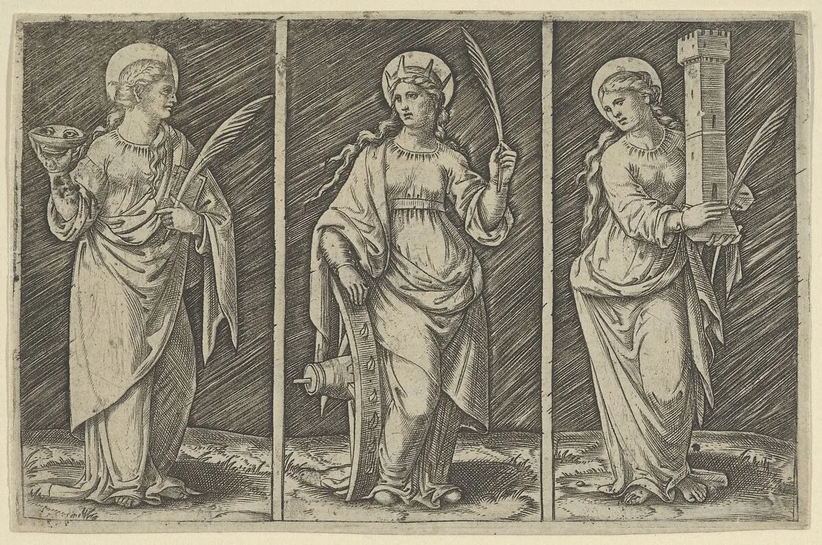 Saint Barbara (left), Saint Catherine, (center), Saint Lucy (right) — Marcantonio Raimondi