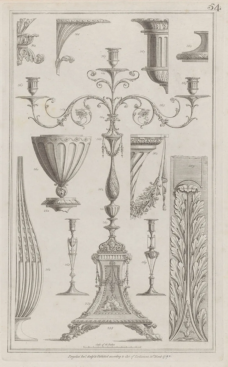 Candelabra, Vessels and Ornament, nos. 358–369, plate 54 from "Designs for Various Ornaments" — Michelangelo Pergolesi