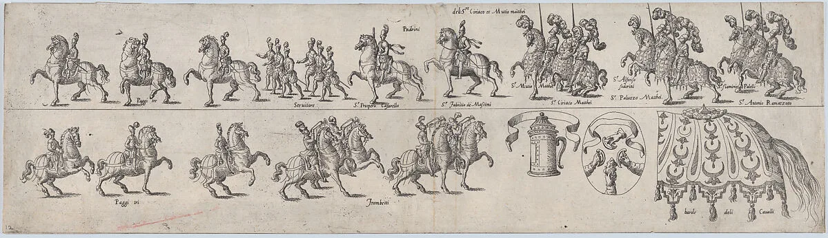 Plate for Sr. Ciriaco Matthei and Sr. Mutio Matthei, from a series of twelve showing knights and their attendants dressed for a tournament (plate 12) — Anonymous