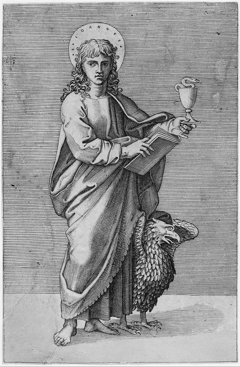 Saint John holding chalice in left hand, book in right, eagle standing by left side — Marcantonio Raimondi|Raphael (Raffaello Sanzio or Santi)