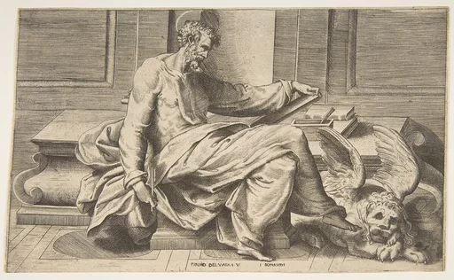 Saint Mark writing his gospel, winged lion at the right