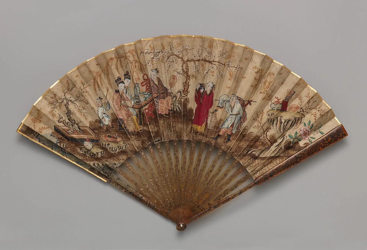 Folding Fan with Scene of Pedlars, Ladies, and a Playing Child — Unknown