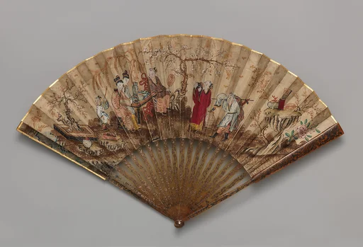 Folding Fan with Scene of Pedlars, Ladies, and a Playing Child