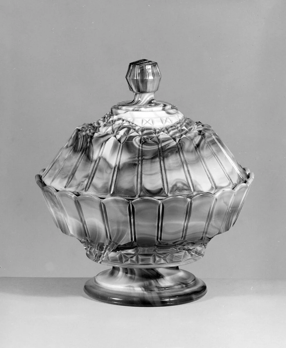 Purple marble glass covered bowl — Challinor, Taylor and Company