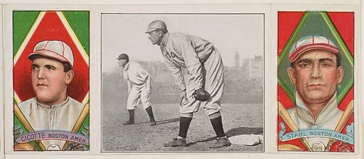 "Jake Stahl Guarding First," with Edward V. Cicotte and Jacob G. Stahl, from the series Hassan Triple Folders (T202)