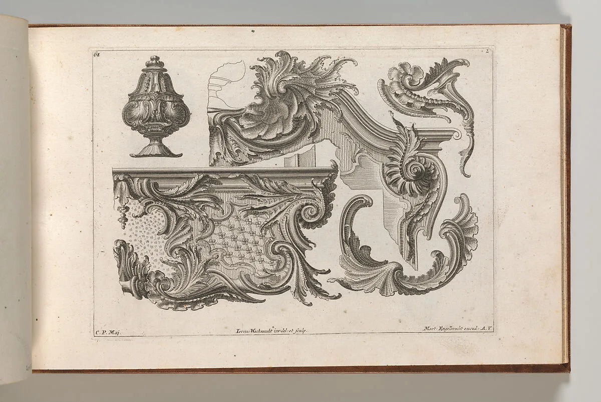 Suggestion for the Decoration of the Lower and Top Right of a Frame Combined with Several Additional Ornaments, Plate 2 from: 'Unterschidliche Auszierungen zu Thüren und Fenster, etc. etc. sehr nutzlich zu gebrauchen' — Jeremias Wachsmuth|Martin Engelbrecht