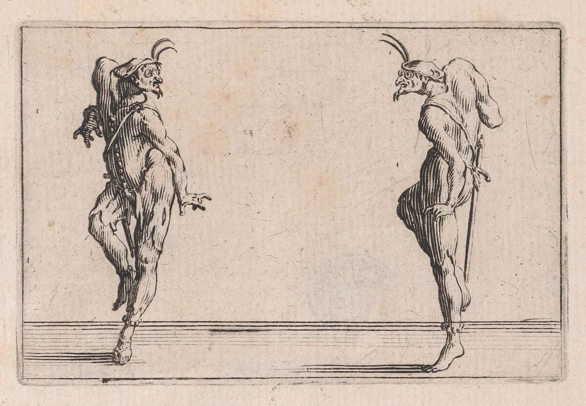 Les Deux Pantalons se Regardant (Two Men in Pantsuits Looking at Each Other), from Les Caprices Series B, The Nancy Set — Jacques Callot|Lorenzo de' Medici