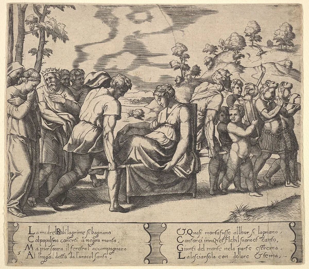 Plate 5: Psyche carried on a litter, from "The Fable of Cupid and Psyche" — Master of the Die|Michiel Coxie (I)