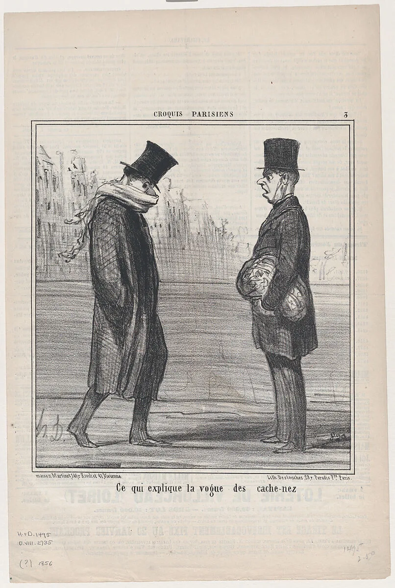 Ce qui explique la voue des cache-nez, from Croquis Parisiens, published in Le Charivari, January 11, 1856 — Aaron Martinet|Honoré Daumier|Destouches
