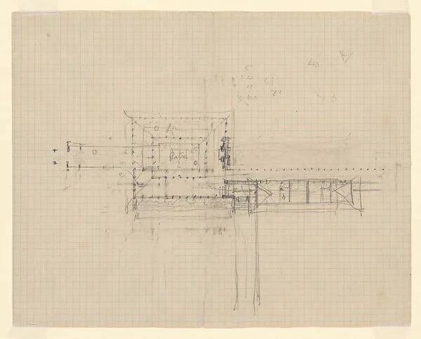 Drawing for "Concept B" living room with patio and courtyard, Little House, Wayzata, Minnesota. Verso-Drawing for "Concept C" living room turned 90 degrees and no patio, Little House, Wayzata, Minnesota — Frank Lloyd Wright