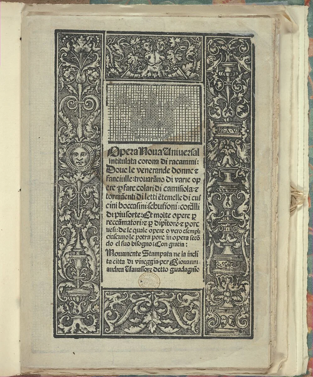 Opera Nova Universali intitulata Corona di racammi, title page (recto) — Giovanni Andrea Vavassore