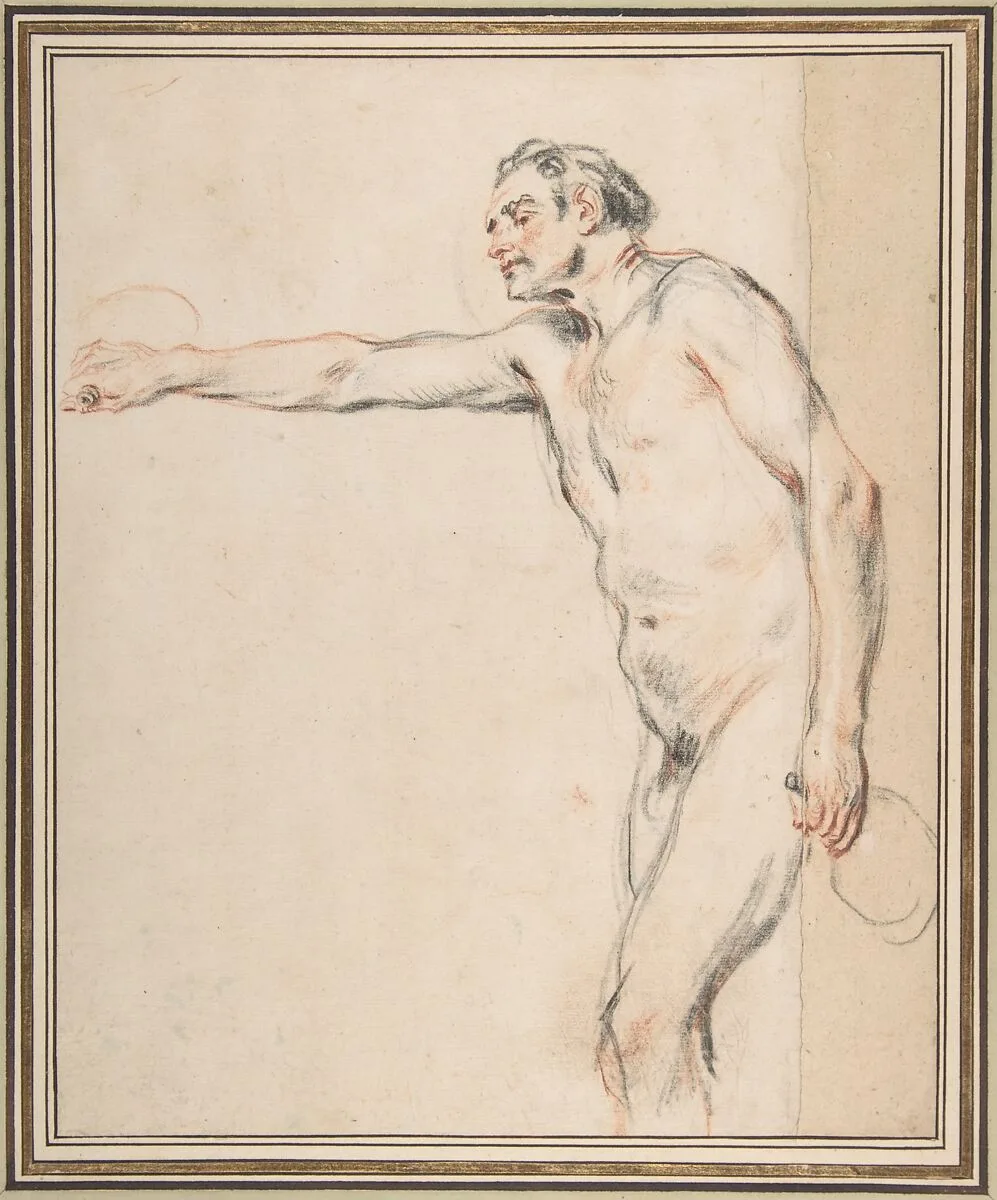 Study of a Nude Man Holding Bottles — Antoine Watteau