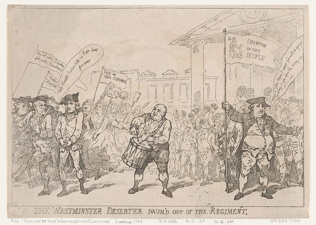 The Westminster Deserter Drum'd Out of The Regiment — Sir Cecil Wray|Hannah Humphrey|Samuel House|Thomas Rowlandson|Charles James Fox