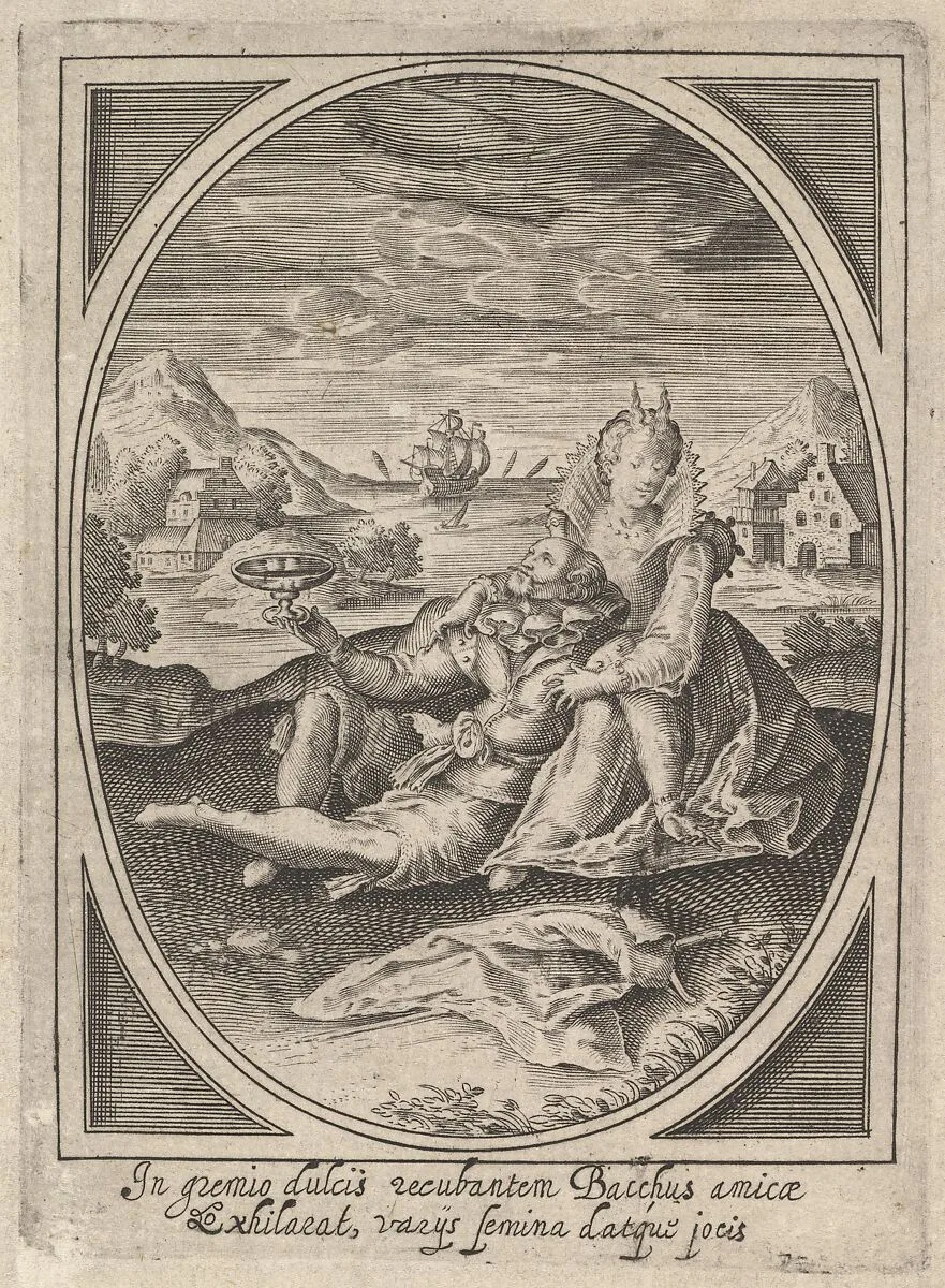 A couple seated on the ground, the man holding a goblet and reclining against the woman's leg, a ship at sea and landscape beyond — Heinrich Ulrich