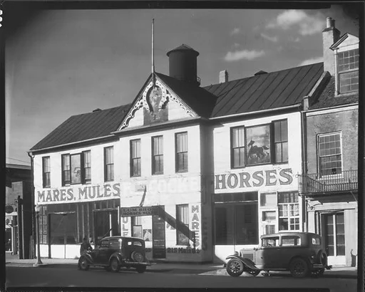[Lum Brothers Stables with Parked Cars on Street, Natchez, Mississippi]