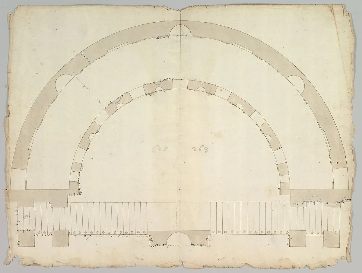 Cortile del Belvedere, Upper Courtyard, stair, plan (recto) blank (verso) — Anonymous, French, 16th century