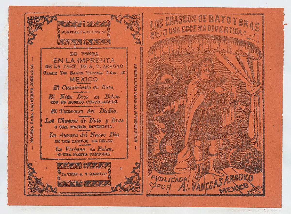 Cover for 'Los Chascos de Bato y Bras o una Eccena Divertida', a man standing on stage surrounded by monsters — José Guadalupe Posada|Antonio Vanegas Arroyo