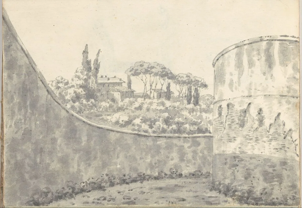Landscape with a Curved Wall, Round Tower and Distant Villa (Smaller Italian Sketchbook, leaf 8 recto) — Joseph Wright (Wright of Derby)