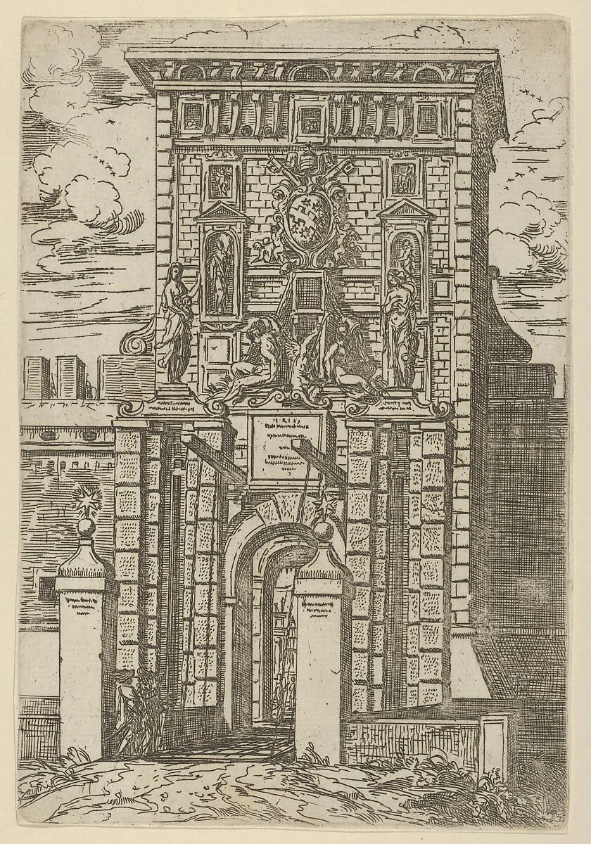 The Porta Galliera, the entrance gate to Bologna and drawbridge with temporary decorations for the entry of Pope Clement VIII in Bologna in 1598 — Guido Reni